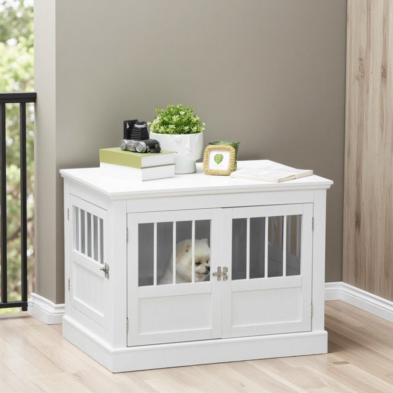 Table de bout en bois pour caisse de chien, portes triples, tubes en acier, pour petits chiens, White