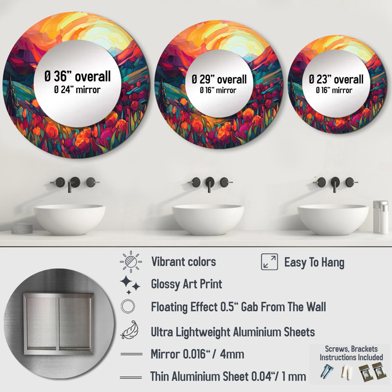 Pavlína Vibrant Sunset Shining Over Mountains I - Mountains Unique Wall Mirror, Orange Round Mirror, Printed Metal Art