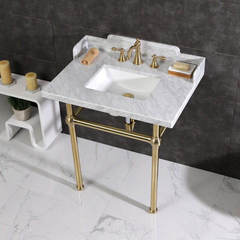 Kingston Brass Pemberton 30-Inch Carrara Marble Console Sink with Brass Legs (8-Inch, 3-Hole), Marble White/Brushed Brass