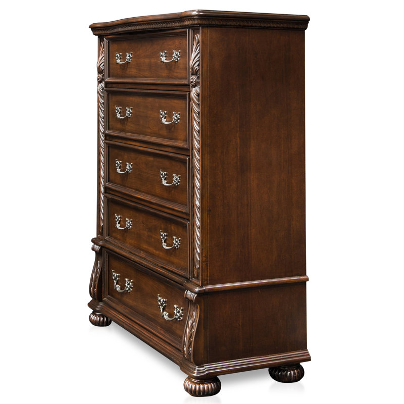 56 Inch Classic Tall Dresser Chest, 5 Drawers, Antique Handles, Wood Brown