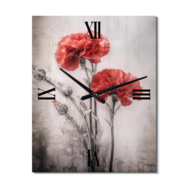 Horloge murale rouge avec œillets rouges et encre liquide I, Très grand
