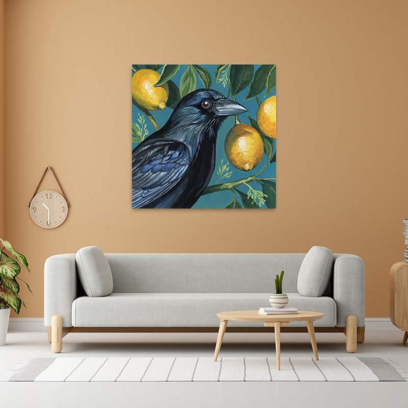 Corbeau avec fond de citron, art contemporain, H 48 po x l 48 po