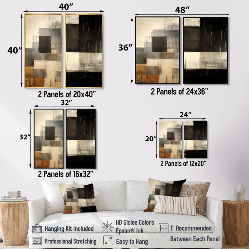 «Black Mid Century Fusion II - Abstract Midcentury», art mural noir, Black, 36" H x 48" W, Impression encadrée flottante