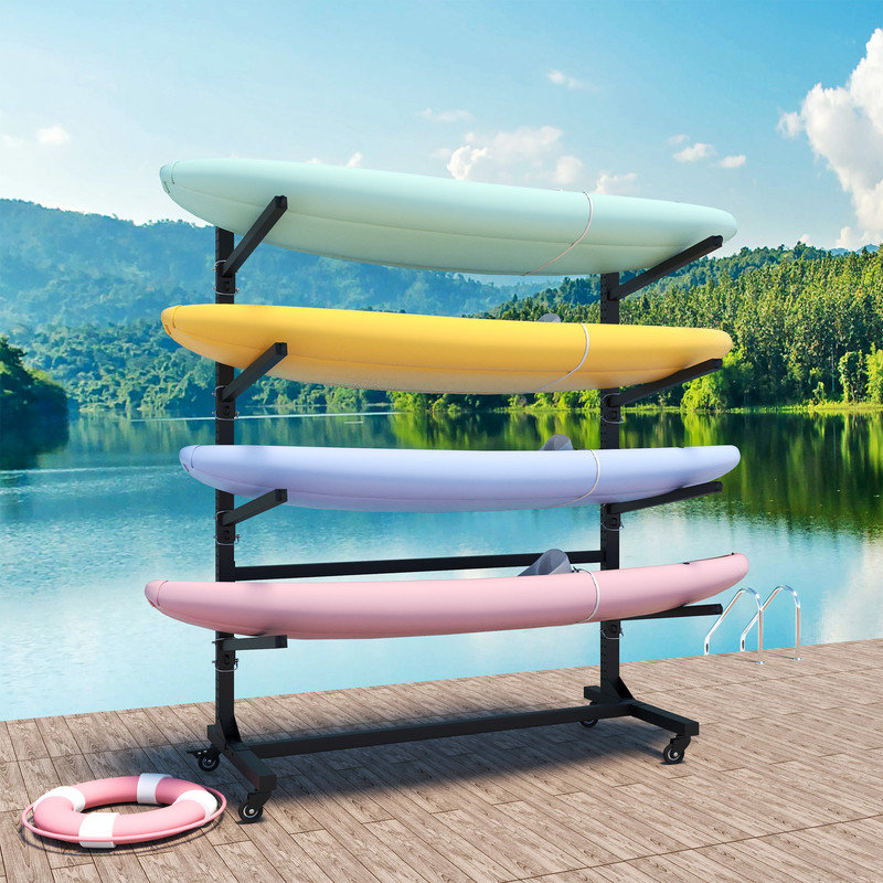Heavy-Duty Steel Kayak Storage Rack, Freestanding 4-Tier Stand with Lockable Wheels for Garage & Dock, 80" H