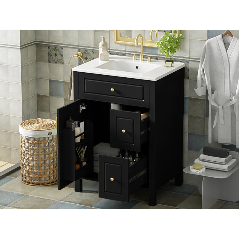 Meuble-lavabo de 24 po avec lavabo en céramique, portes et tiroirs à fermeture en douceur et poignées en métal doré rétro