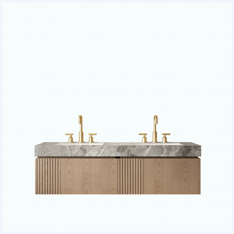 Meuble-lavabo suspendu double lavabo de 60 po, armoire de rangement avec 2 tiroirs et portes, comptoir en pierre frittée et 2 lavabos en céramique, aspect bois Heidelberg, préassemblé