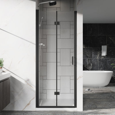 32" - 33.2" Adjustable Width Pivot Swing Panel Shower Door, 6mm Tempered Glass, Black Finish, Reversible Installation, 180° Rotating Pivot, Bi Folding Hinges, Magnetic Seal Strips For Dry Wet