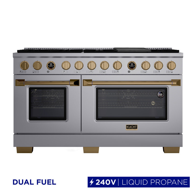60 In. 7.9 Cu. Ft. 10 Burners Dual Fuel Range For Propane Gas In Stainless Steel With Kucht Horus Thermostat, Gold