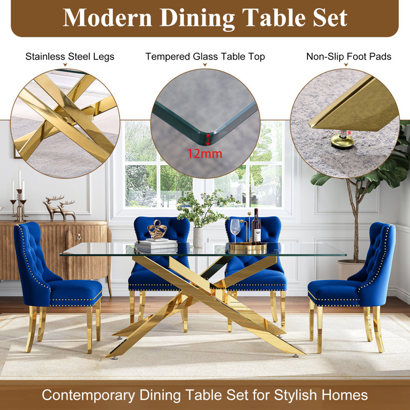 78.7" Rectangle Glass Dining Table Set With Polished Stainless Steel X-Base And Velvet Upholstered Nailhead Trim Dining Chairs(Set Of 9)