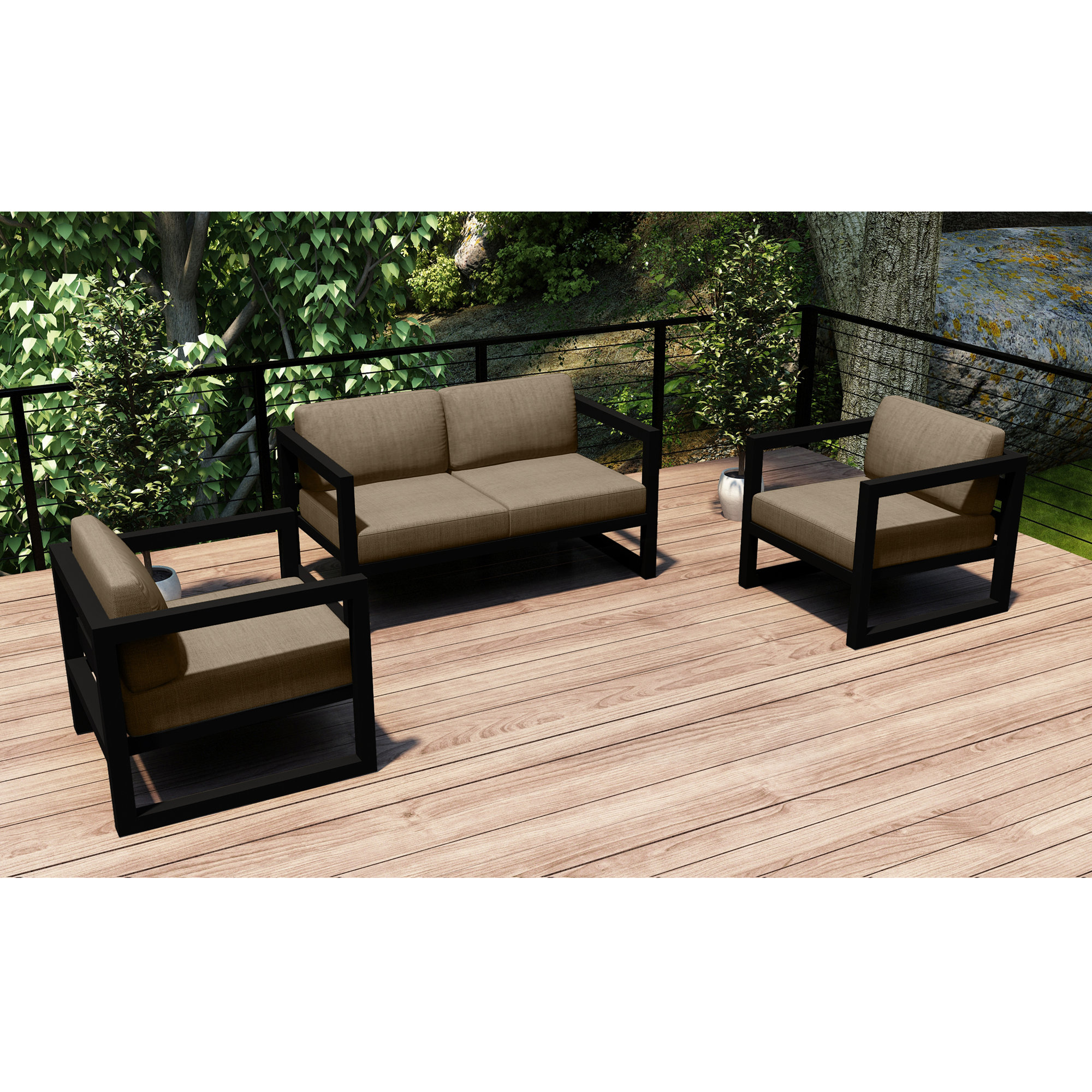 Smith 3 Piece Sofa Seating Group with Sunbrella Cushions, Black, Heather Beige