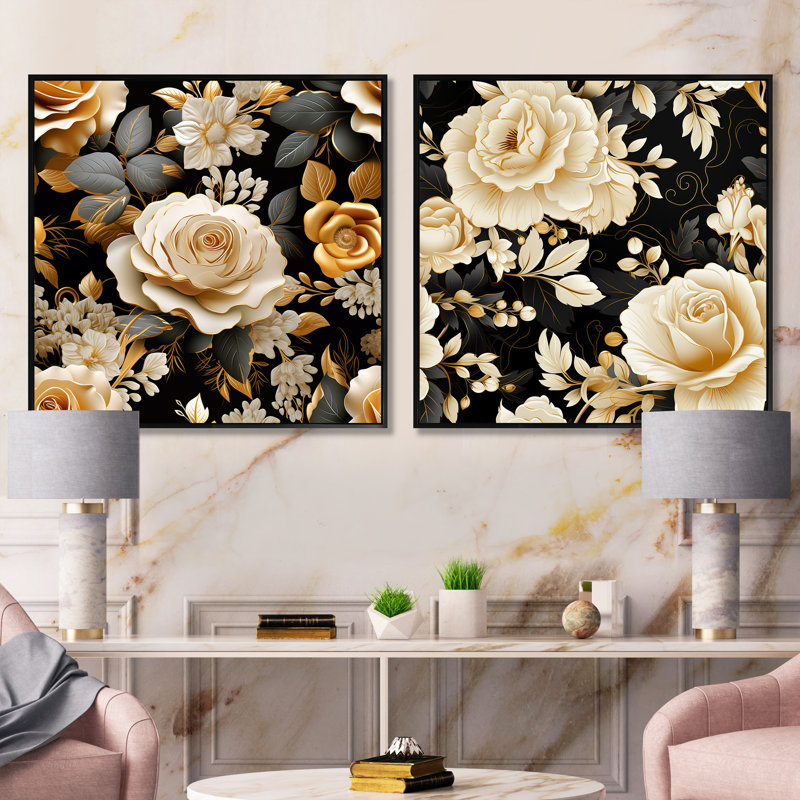 Hallet - Ensemble de 2 collages carrés floraux, Cadre flottant noir, H 16 po x l 33 po