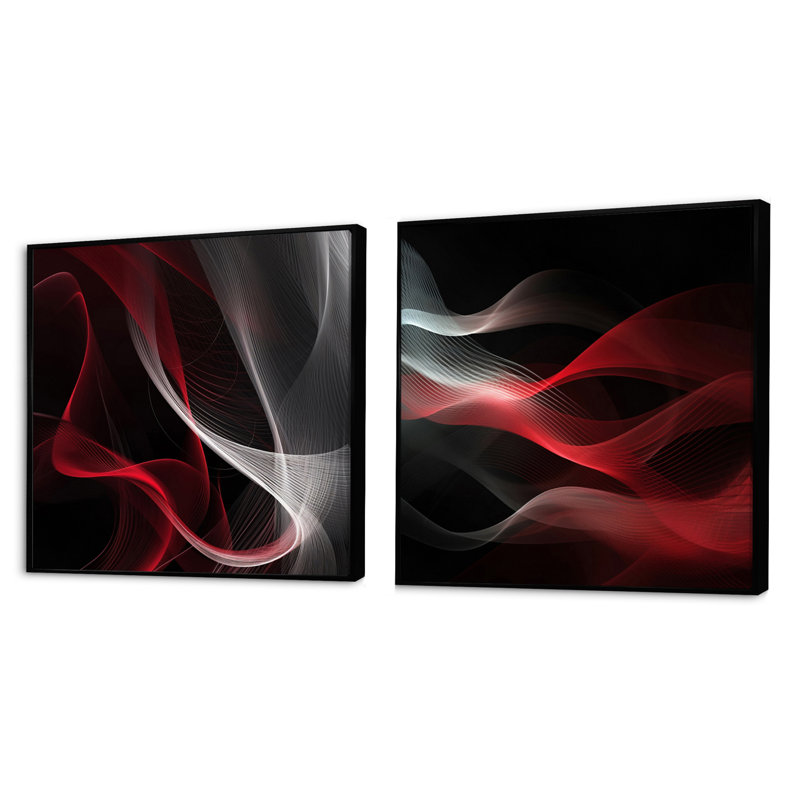 Abstraction contemplative rouge et noire - ensemble de 2 collages carrés de vagues modernes, Cadre flottant noir