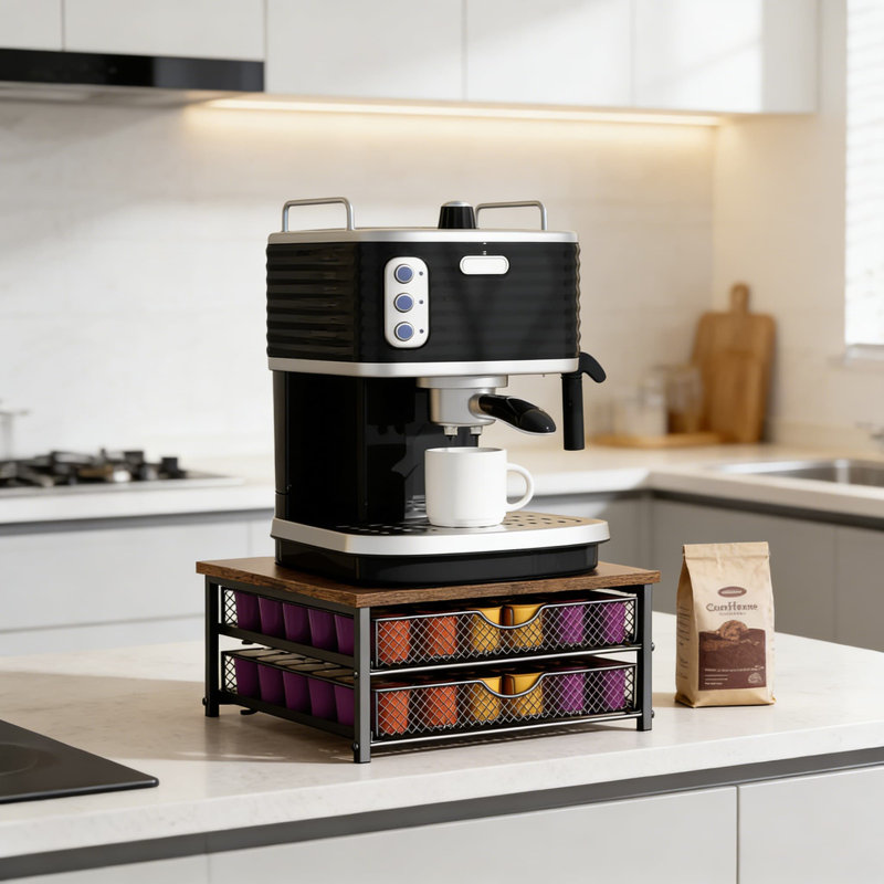 Organisateur de dosettes à café à 2 niveaux avec tiroirs coulissants - Support de rangement d'une capacité de 72 tasses avec paniers en métal et plateau en bois pour comptoir ou armoire