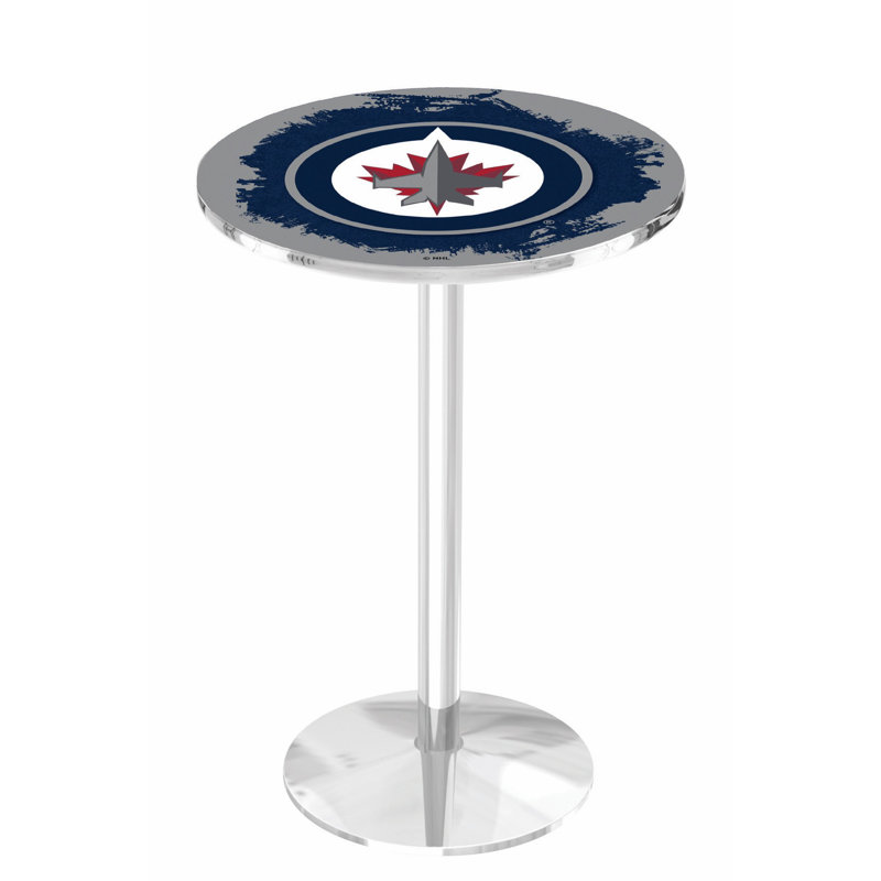 NHL Round Metal Base Dining Table, Chrome, Winnipeg Jets