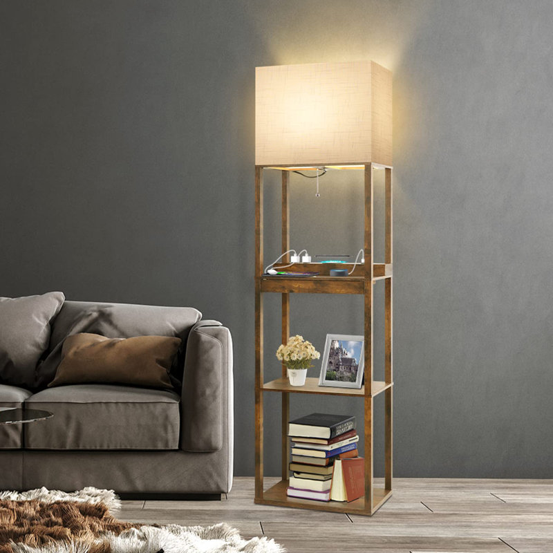 Floor Lamp With Shelves, Modern Standing Lamp With Wireless Charger, 1 Drawer And 2 Usb Ports & 2 Power Outlet, Walnut