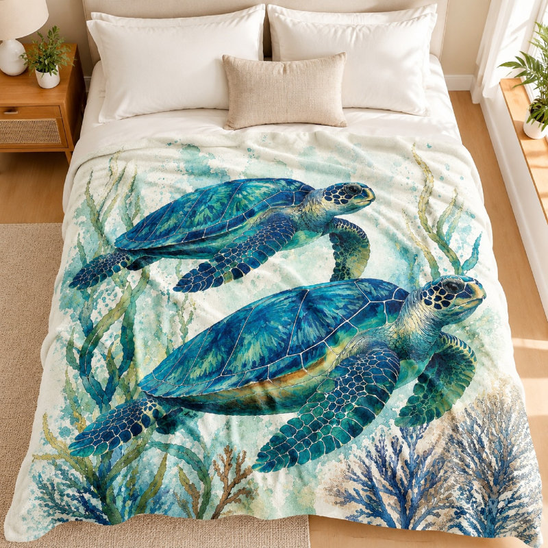Couverture de flanelle à motif de tortue de mer 1Pcs Literie, Simple (l 60 po x L 80 po)