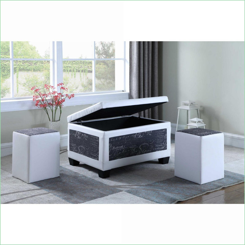 Ottoman, Old-World Blue &amp; White Bonded Leather Storage with 2 Seating | Wood | Black