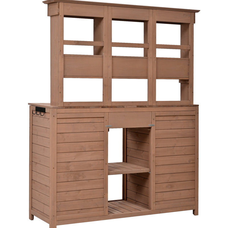 Ergonomic Garden Storage Workstation - 65.7'' Tall, Fir Wood, 6 Drawers, 2 Cabinets, 3 Shelves, Side Hooks, Brown Tall Potting Table 65.7''H, Ergonomic,