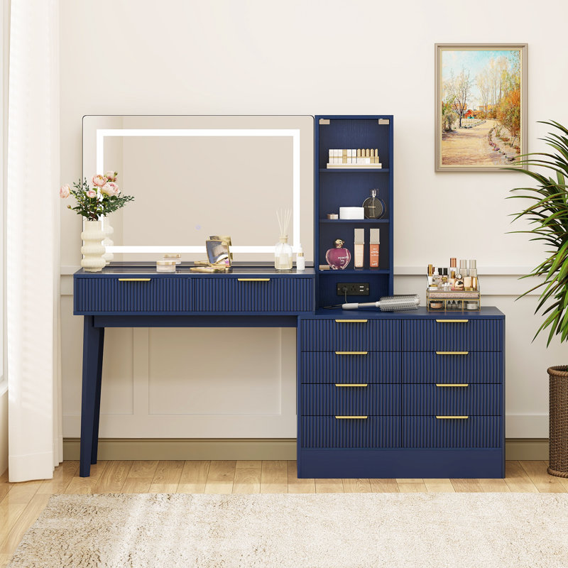 Makeup Vanity Desk with LED Lighted Mirror, 10 Drawers, Glass Door Display Cabinet, Built-In Power Outlet & USB Ports, Fluted Design Vanity Table with Solid Wood Legs, Blue