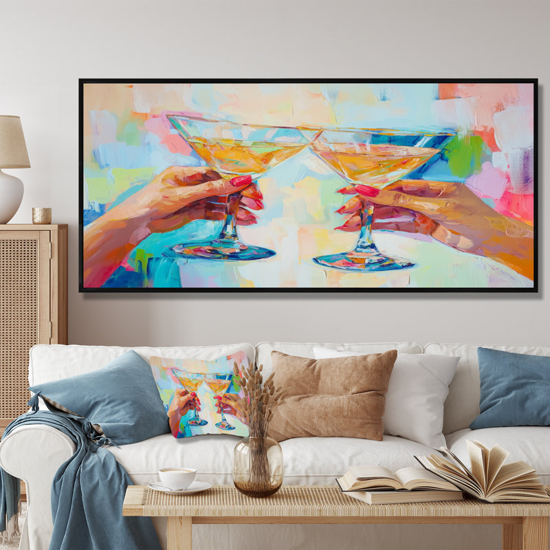 Martini Cocktail Drink Friends I - liquor, art mural, H 28 po x l 60 po, Cadre flottant, Naturel