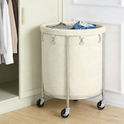 Chariot à linge avec panier à linge sur roulettes, 170 litres, sac intérieur amovible et cadre en acier, circulaire, équipé de 4 roulettes et 2 freins, convient aux chambres à coucher, aux salles de bain et aux salles de lavage