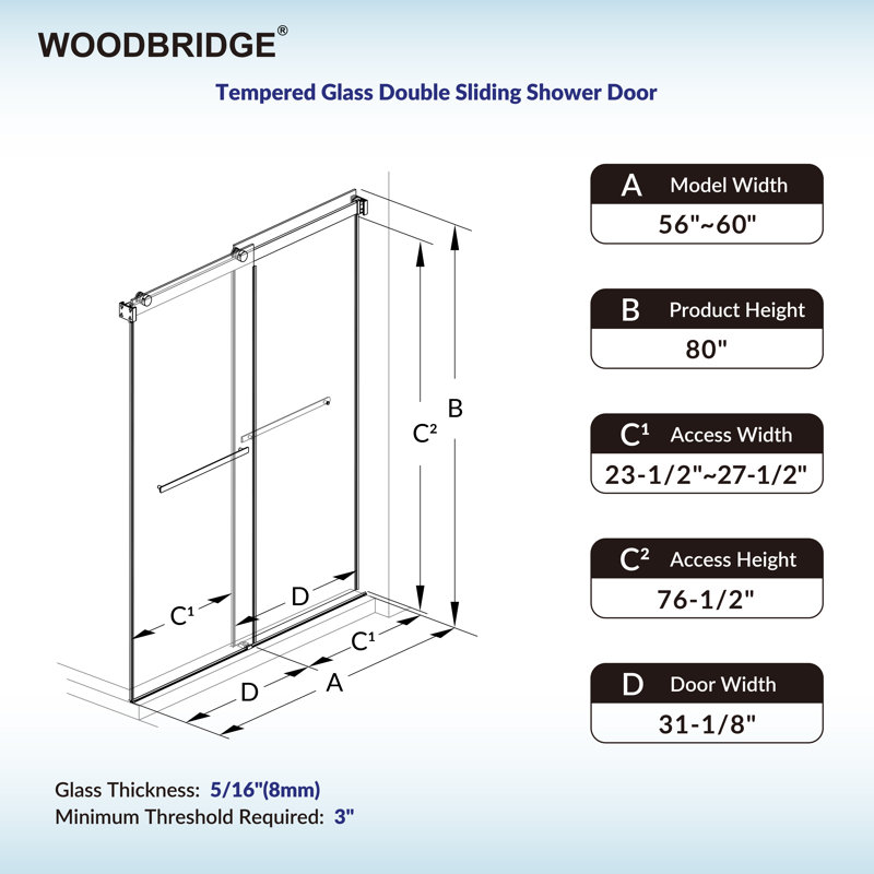 56" - 60" W X 80" H Double Sliding Frameless Shower Door With 5/16"(8mm) Clear Tempered Glass, Chrome