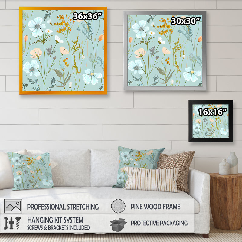 «Blossoming Pastel Wildflowers on Light Blue II», reproduction sur toile, Impression dorée sur toile encadrée