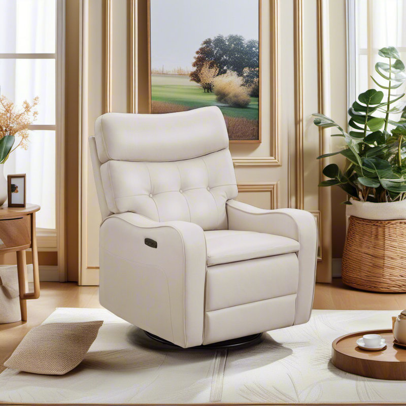 37'W Modern Faux Leather Oversize Power Recliner Chair With Swivel and Rocker, Beige