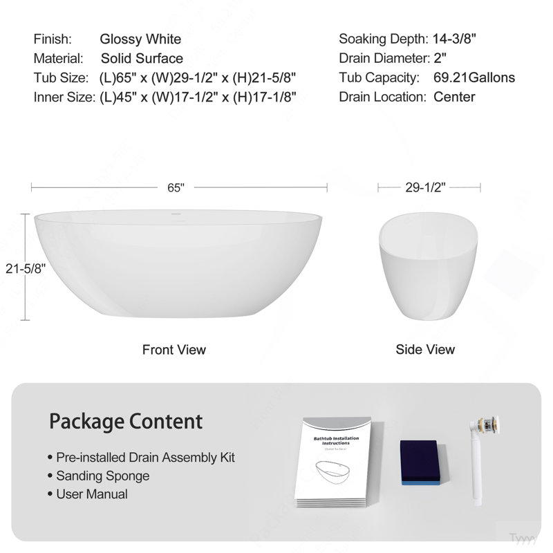 65" Freestanding Solid Surface Bathtub, Luxury Handcrafted Stone Resin Freestanding Soaking Bathtub With Overflow And Pop-Up Drain, Glossy White 