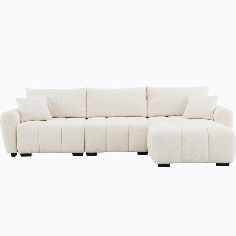 Canapé modulaire de 110 po en forme de L avec siège très grand, conception en ligne, repose-pieds mobile, mousse haute densité, combinaison libre, structure en métal et bois robuste, tissu bouclé, 3 couleurs
