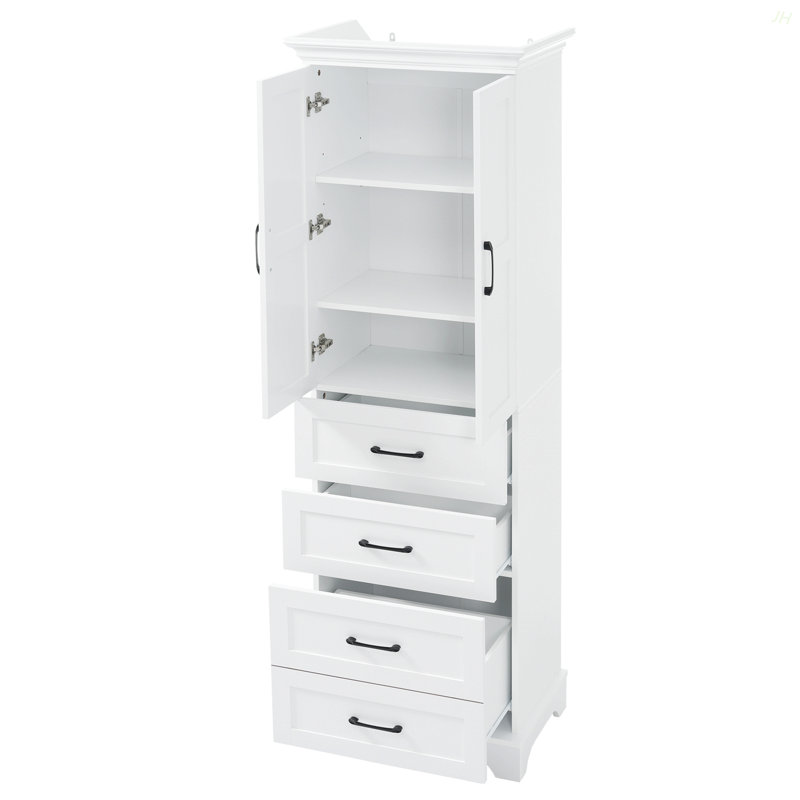 Meuble-lavabo autoportant de 71,6 po avec 2 portes à charnières amortissantes, 3 tiroirs (dont 1 tiroir profond), des tablettes réglables, des poignées en fer noir, un stratifié PB durable et un panneau de fibres à densité moyenne