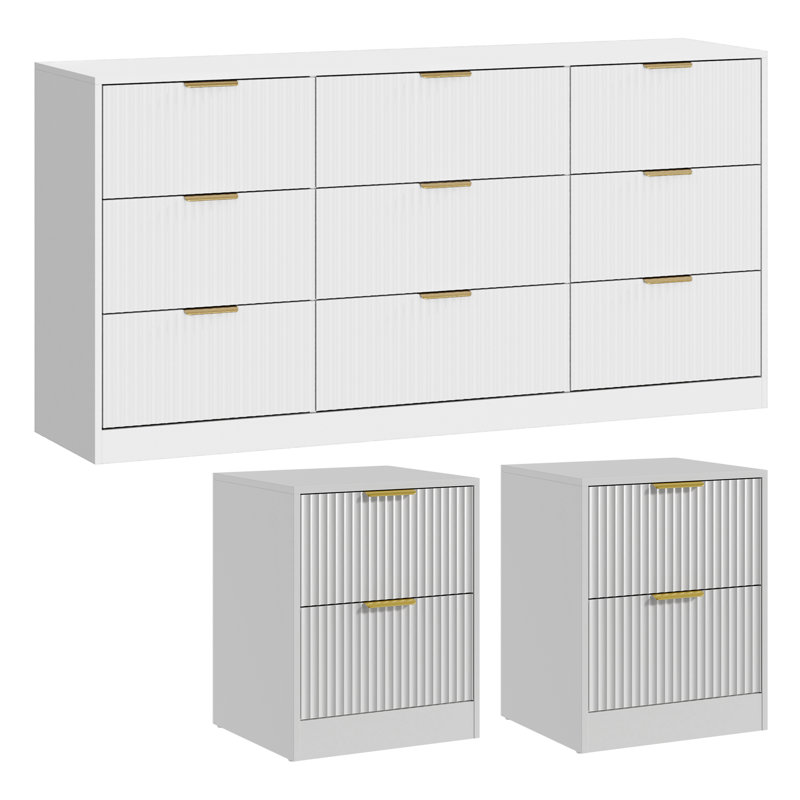 Ensemble 3 pièces commode 9 tiroirs et table de chevet 2 tiroirs, Blanc
