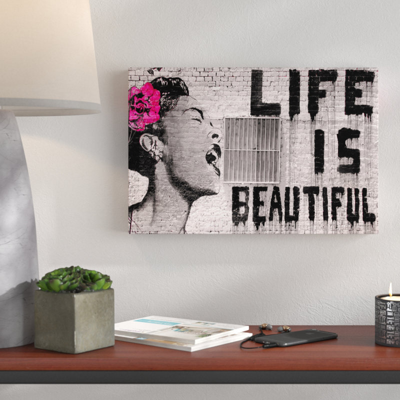 « Life Is Beautiful » par Banksy, impression sur toile tendue, H 16 po x l 24 po x P 1,5 po