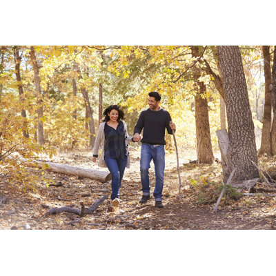 Smiling Hispanic Couple Walk in a Forest Holding Hands 1 Piece Wrapped Canvas Wall Art
