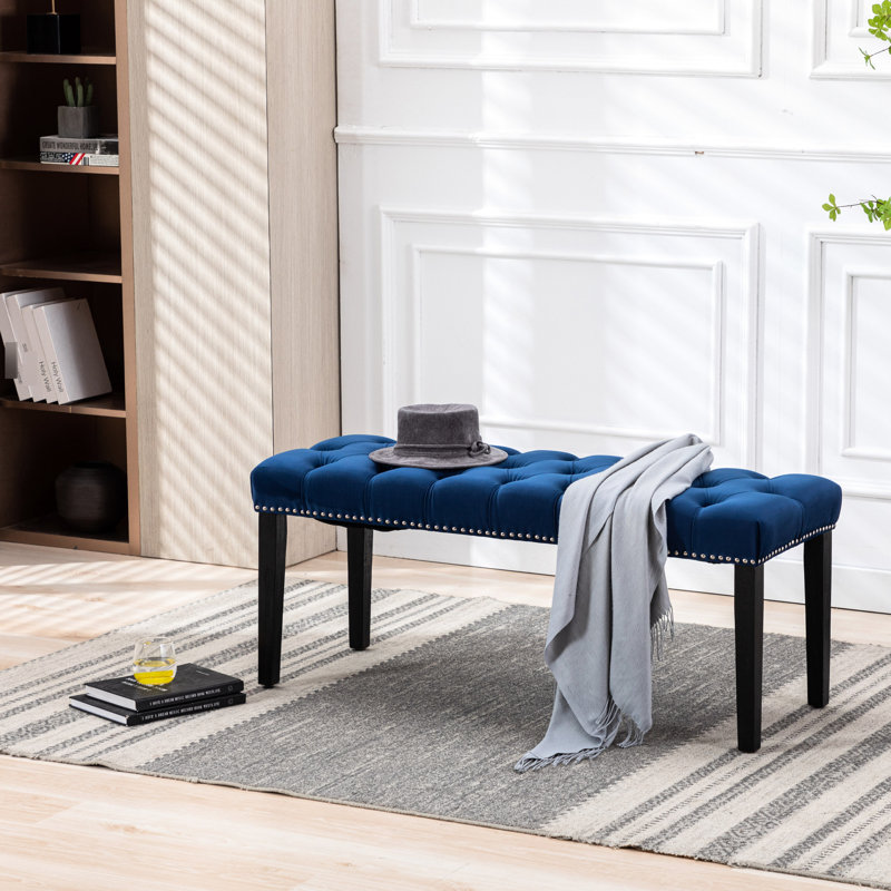Repose-pieds en velours pour salon et entrée, banc rembourré bleu avec pieds stables, plastique H 18,83 po, Bleu