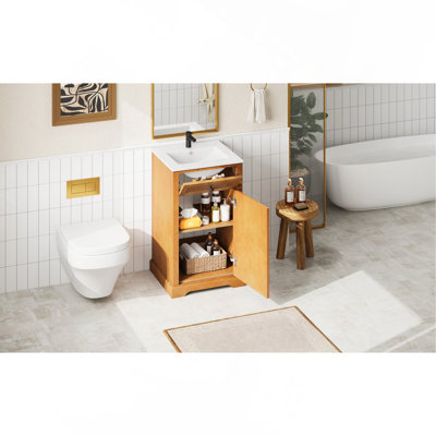 Meuble-lavabo de 20 po avec lavabo en céramique intégré, armoire de salle de bain avec porte à fermeture douce, cadre inférieur en bois massif pour les petites et moyennes toilettes