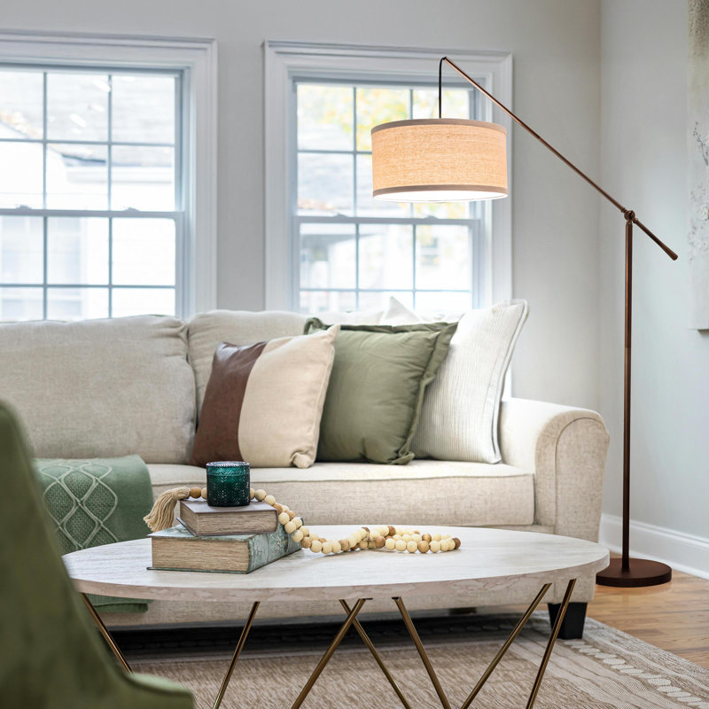 Hudson 70" Modern LED Floor Lamp with Adjustable Height, Brushed Bronze Finish, and Beige Fabric Drum Shade, Bulb Included