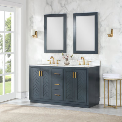 Gazsi 60"" Double Bathroom Vanity Set In Brown Oak With Grain White Composite Stone Countertop With Mirror -  Everly Quinn, 1A869785A79A4663ACCFA2277E911082