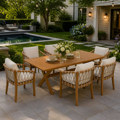 Ensemble de salle à manger 7 pièces en bois d'acacia avec 6 chaises et 1 grande table, parfait pour la pelouse, la cour, le jardin, la terrasse et la piscine