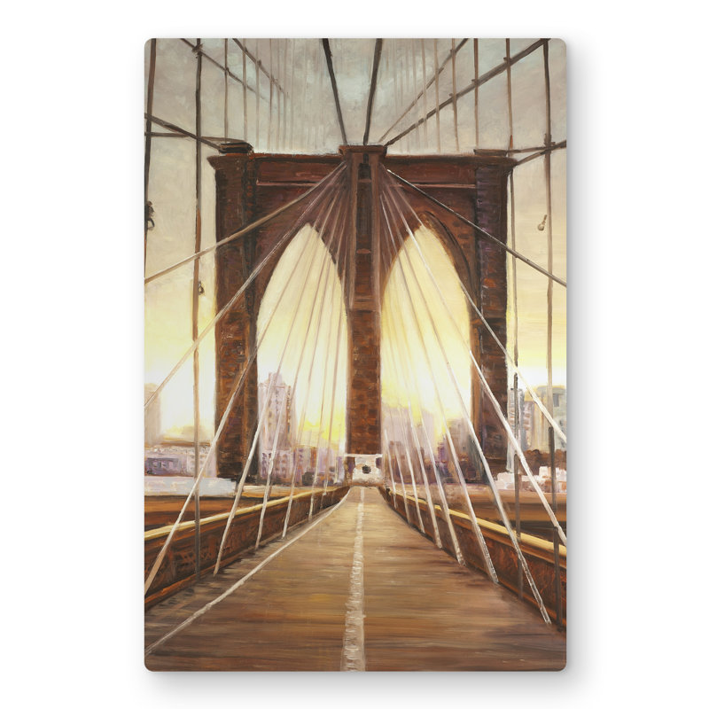 Sunset on the Brooklyn Bridge - Beige Architecture Metal Print