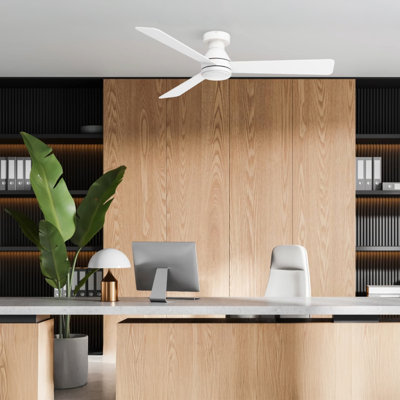 Aero 32in 3-Blade Smart Flush Mount Fan 2700K-6000K CCT Tunable Range LED Light Kit with Remote Control and White Hardware with Reversible Blades in Natural Wood or White Works With iOS or Android App