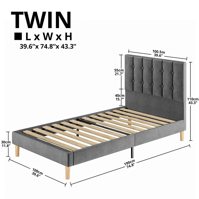 Gurit 43.3" Modern Upholstered Twin Bed Frame with Tufted Velvet Headboard, Low Profile Platform Bed with Strong Wooden Slats, No Box Spring Needed, Noise-Free