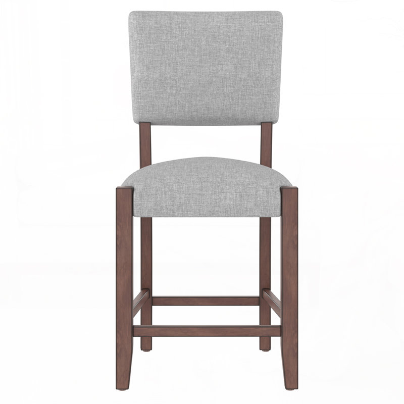 Set of 4 Mid-Century Modern Bar Stools with Backrest -  Linen Upholstered Seats & Solid Wood Legs, Gray