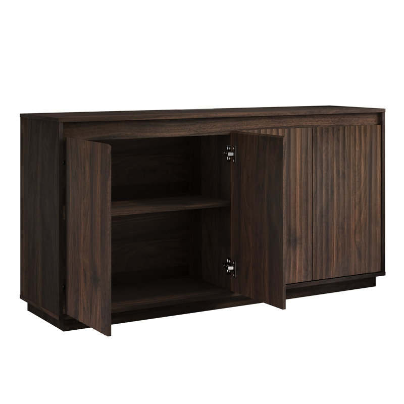 Buffet à 4 portes en bois avec prise de courant, armoire d'appoint à texture verticale ondulée avec conception sans poignée (bord de la porte comme poignée), armoire de rangement de cuisine autoportante