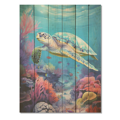 Tortue sous la mer, paysage - corail sous l'eau, art mural sur bois de pin naturel