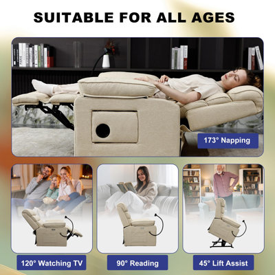 Dual Motor Power Lift Recliner Chair, Medium-Wide, White Fabric173-degree recline, heat, massage, preset modes, detachable armrests, cup tray, phone holder and USB-C ports