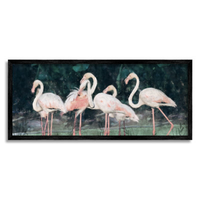 Flamants dans un marais naturel vert encadré sur bois par Nina, peinture bleue