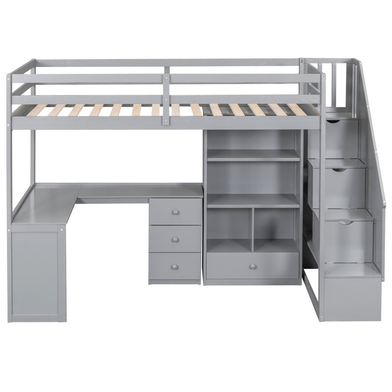 Lit mezzanine simple avec bureau en L et escalier de rangement, Gris, Lit simple