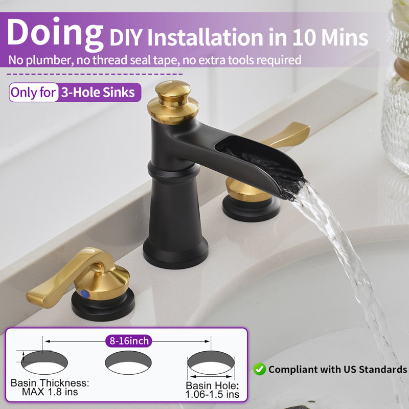 8-Inch Black and Gold Waterfall Widespread Bathroom Faucet