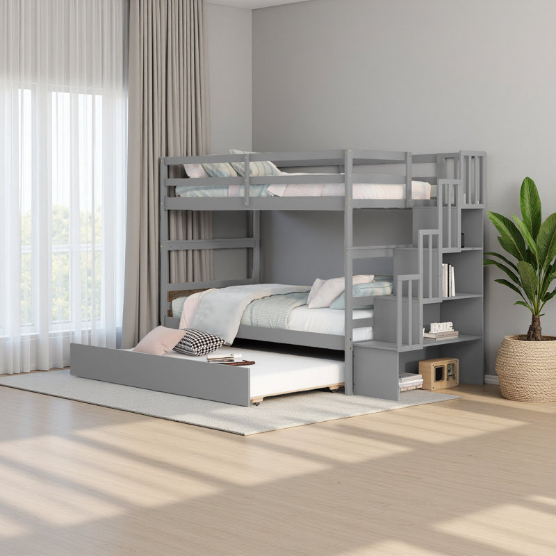 Lits simples superposés avec lit gigogne simple et fonction de rangement pour escalier, Gris